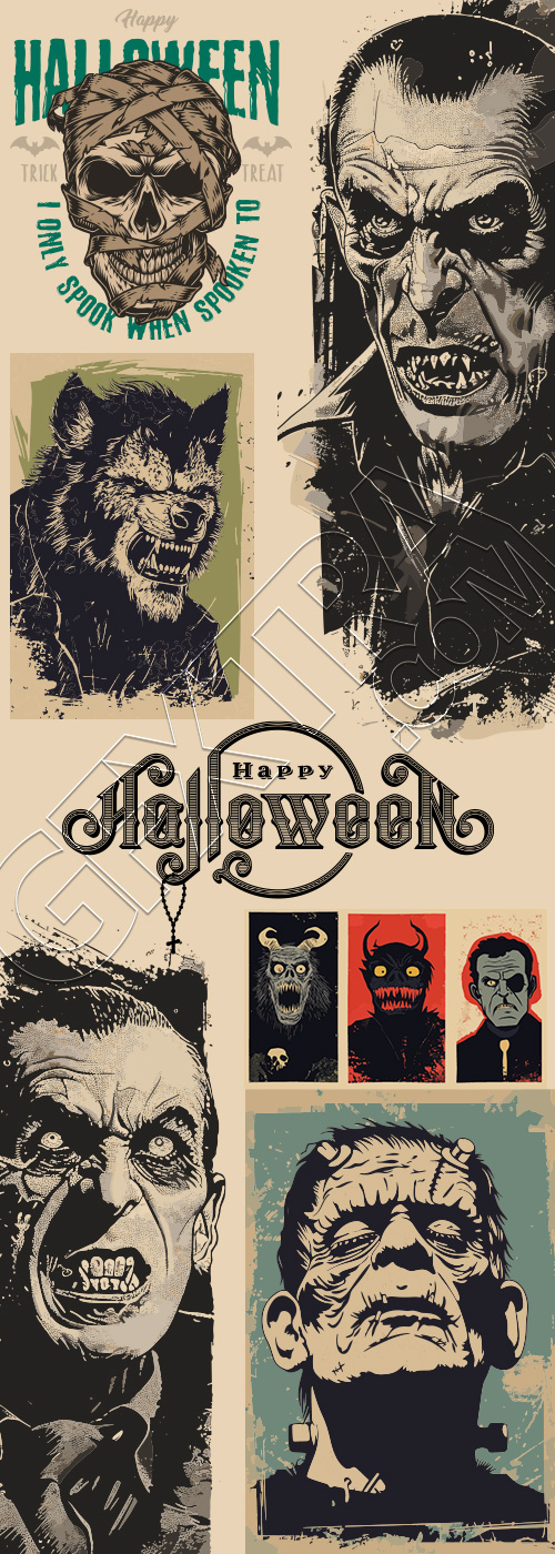 Halloween Vintage Design Posters, Labels & Elements 30xAI