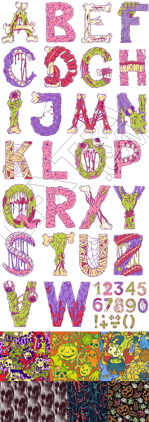 Scary Zombie Cartoon Letters & Patterns 17xAI