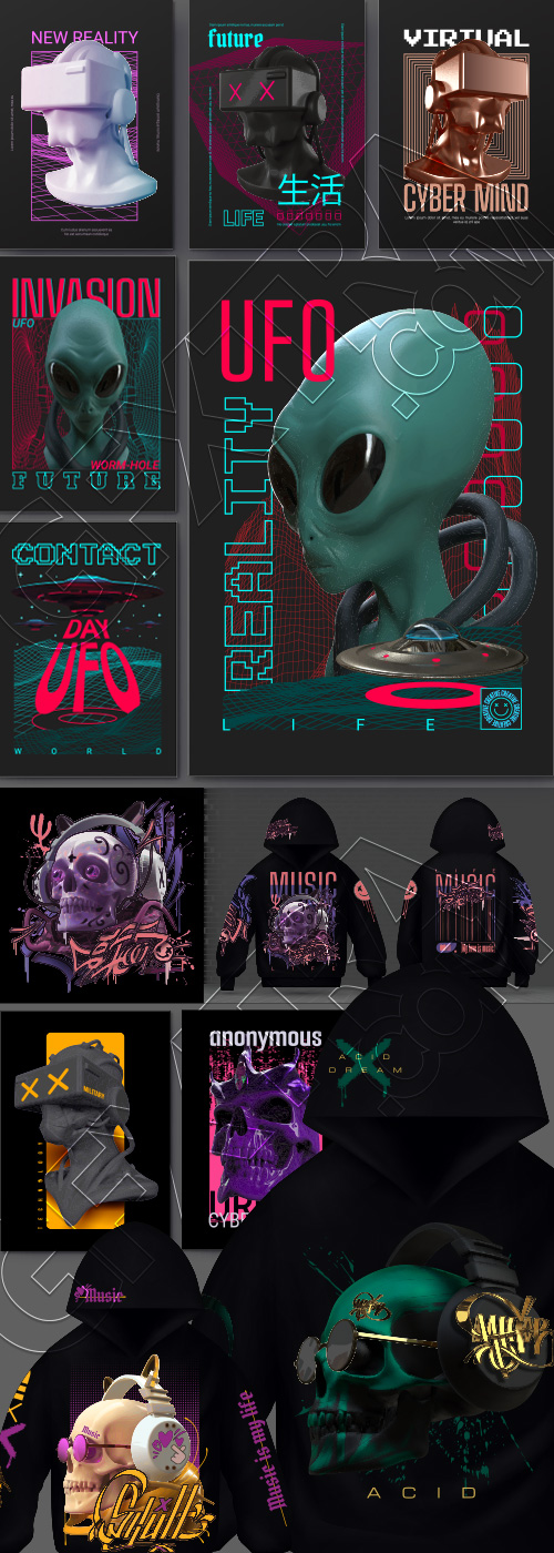 Techno Cyberpunk Style Hoodie & T-Shirt Designs 28xAI