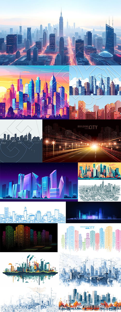 Cityscape & City Silhouette Vector Backgrounds 25xAI