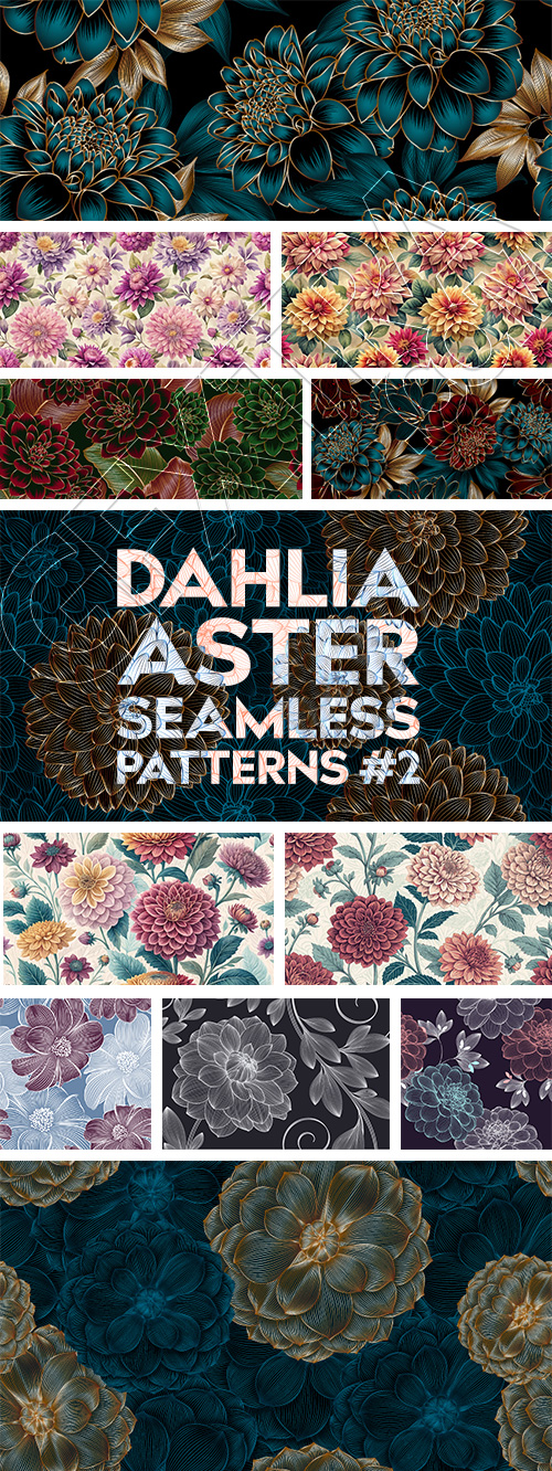 Dahlia Aster Seamless Patterns #2, 25xAI