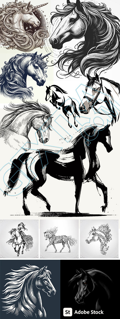Horse Vector Art Illustrations #1, 25xAI