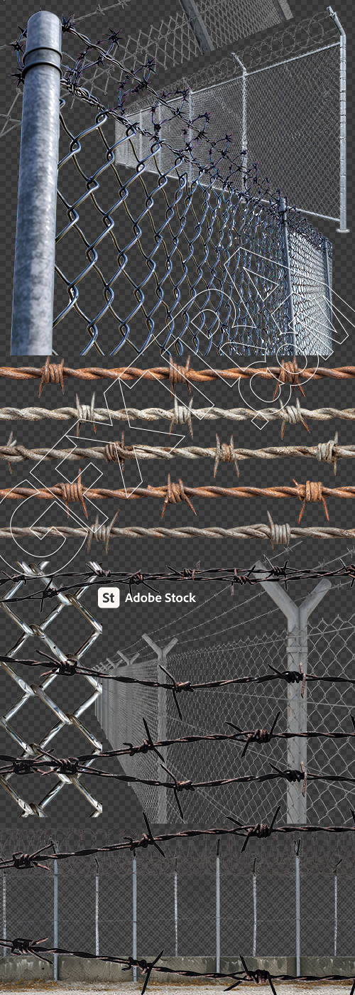 Chain Link Fence with Barbed Wire Transparent 25 AI, PNG