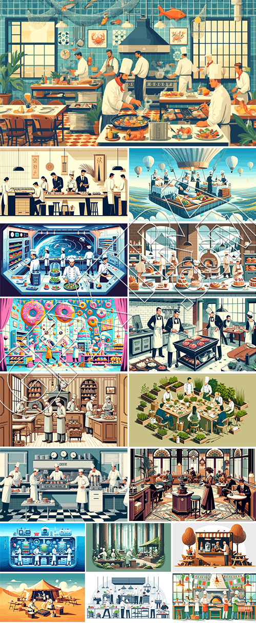 Restaurant, Cafe and Kitchen Illustrations 33xAI
