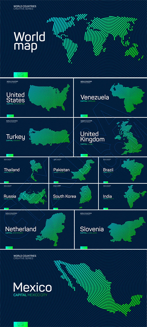 Abstract Maps of Countries with Circle Lines 47xAI