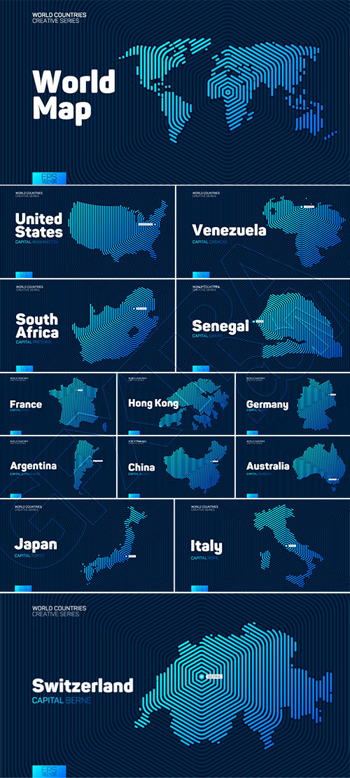 Abstract Maps of Countries with Hexagon Lines 63xAI