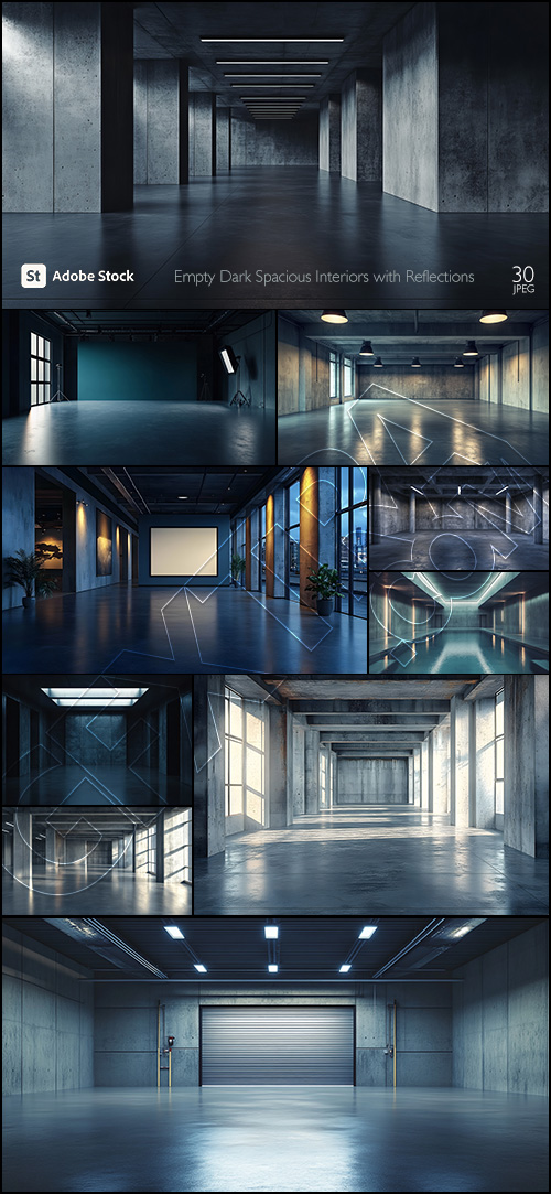 Empty Dark Spacious Interiors with Reflections 30xJPEG