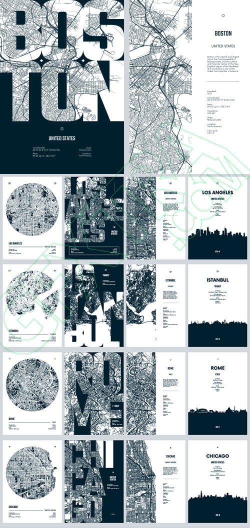 City Map, Silhouette, Skyline Poster Templates #1, 25xAI