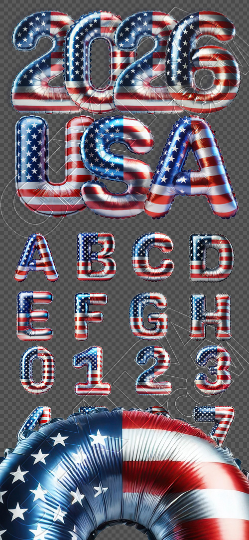 American USA Flag Balloon Letters & Numbers PNG