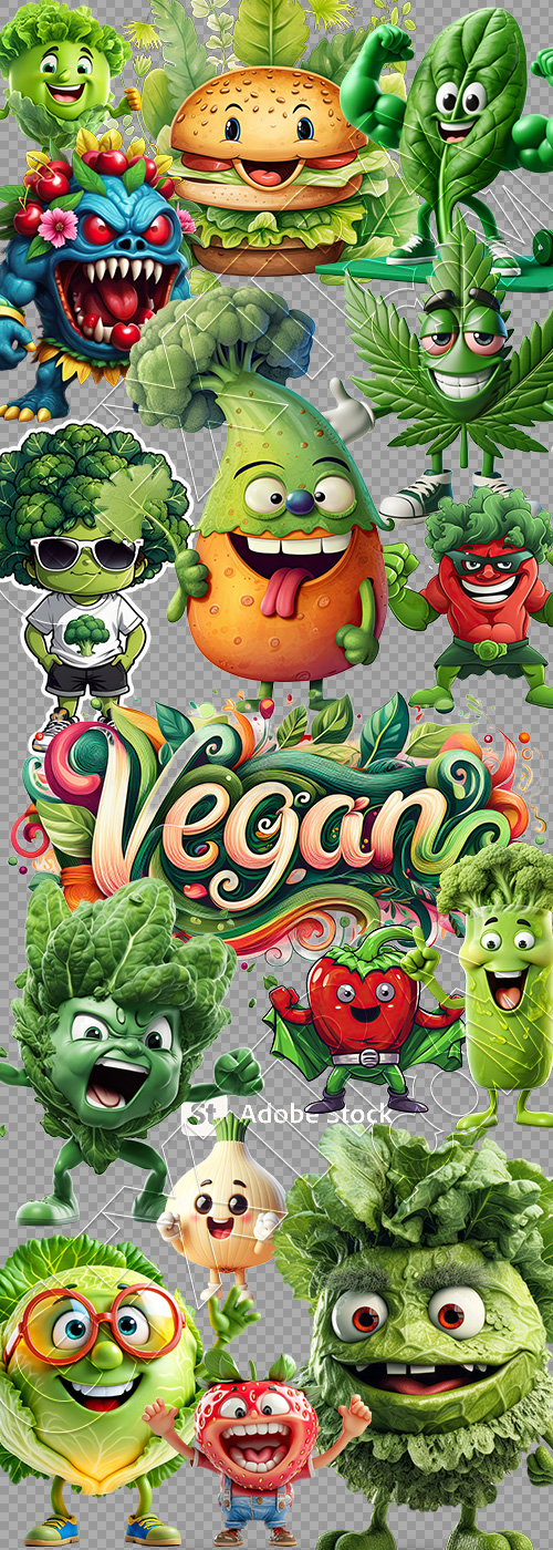 3D Illustrated Funny Cartoon Style Veggies 33xPNG