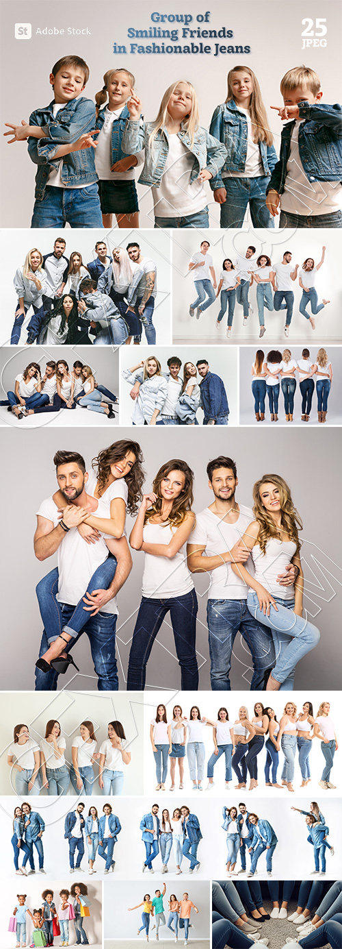 Group of Smiling Friends in Fashionable Jeans 25xJPEG