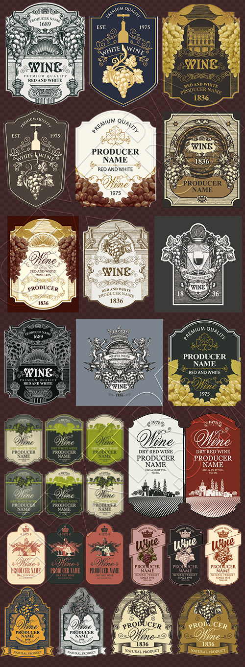 Wine Labels Decorated with Vintage Bunches of Grapes 31xAI Wine Labels Decorated with Vintage Bunches of Grapes 31xAI