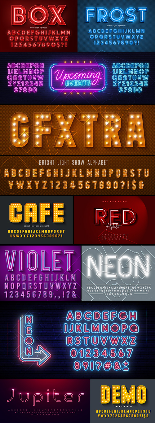 Alphabets from Neon, Light Bulbs and Stage Lights 25xAI