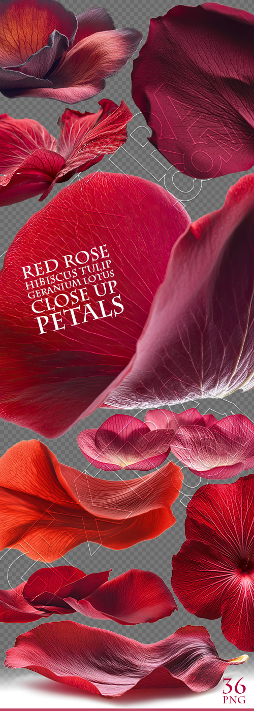 Red Rose, Hibiscus, Tulip, Geranium & Lotus Close Up Petals 36xPNG