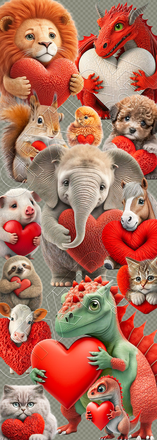 Cute Animals Holding Hearts #1, 26xPNG Cute Animals Holding Hearts #1, 26xPNG