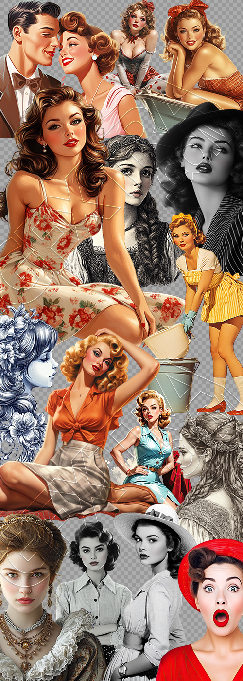 Illustrated Vintage Retro Woman 29xPNG
