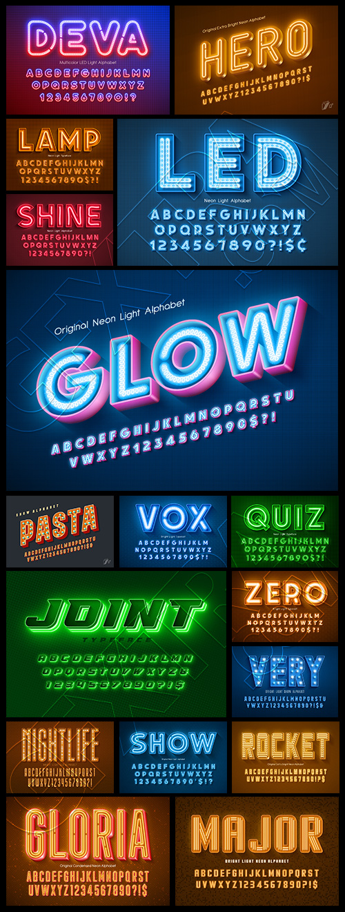 Neon, Bulb & Led Vector Alphabets 18xAI