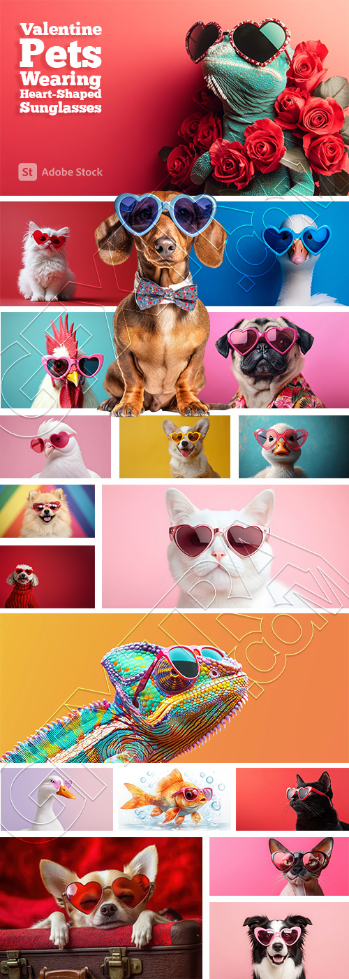 Valentine Pets Wearing Heart-Shaped Sunglasses 25xJPEG, 1xPNG Valentine Pets Wearing Heart-Shaped Sunglasses 25xJPEG, 1xPNG