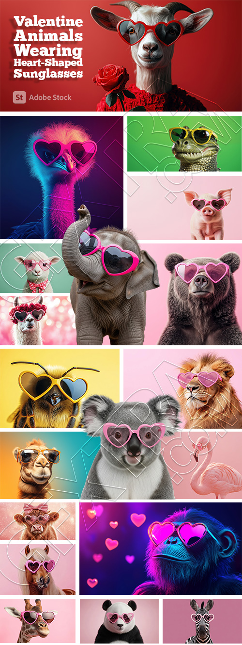 Valentine Animals Wearing Heart-Shaped Sunglasses 23xJPEG, 2xPNG Valentine Animals Wearing Heart-Shaped Sunglasses 23xJPEG, 2xPNG