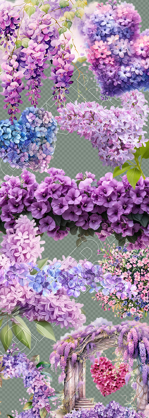 Purple Spring Flowers 24xPNG, 1xAI