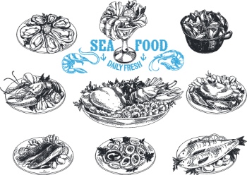 SeaFood Doodles & Menu Templates 30xAI, 3xJPEG