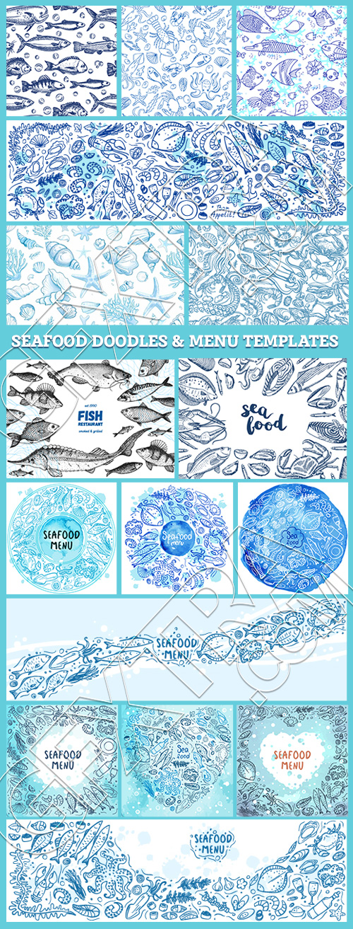 SeaFood Doodles & Menu Templates 30xAI, 3xJPEG