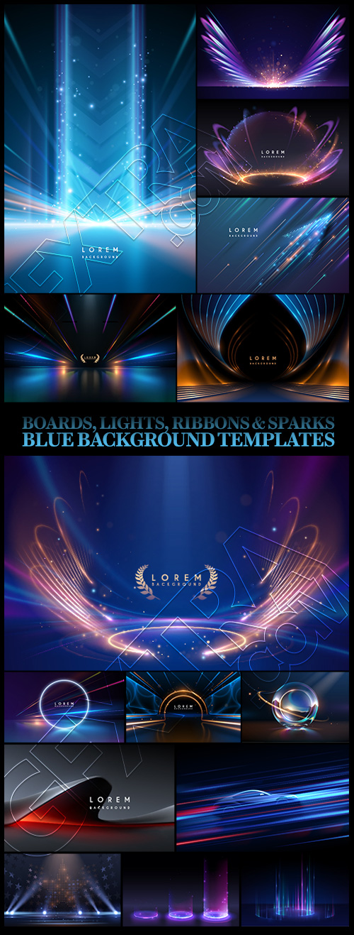 Boards, Lights, Ribbons & Sparks Blue Background Templates 32xAI