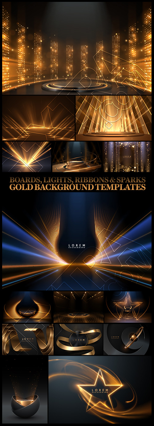 Boards, Lights, Ribbons & Sparks Gold Background Templates 32xAI