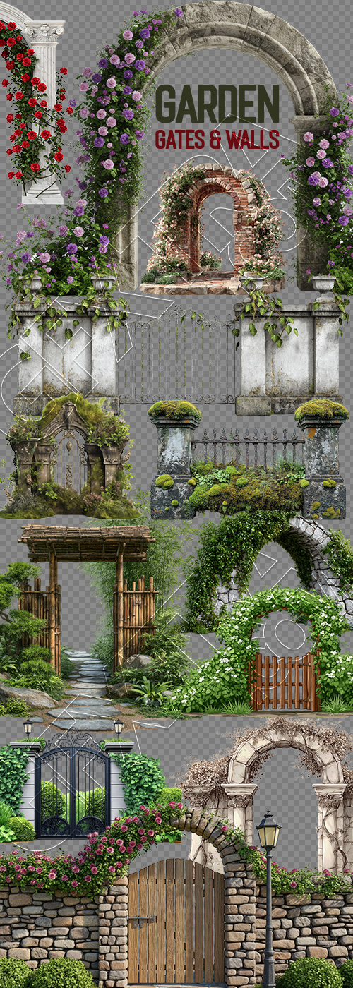Stone-Wood Garden Gates & Walls 25xPNG