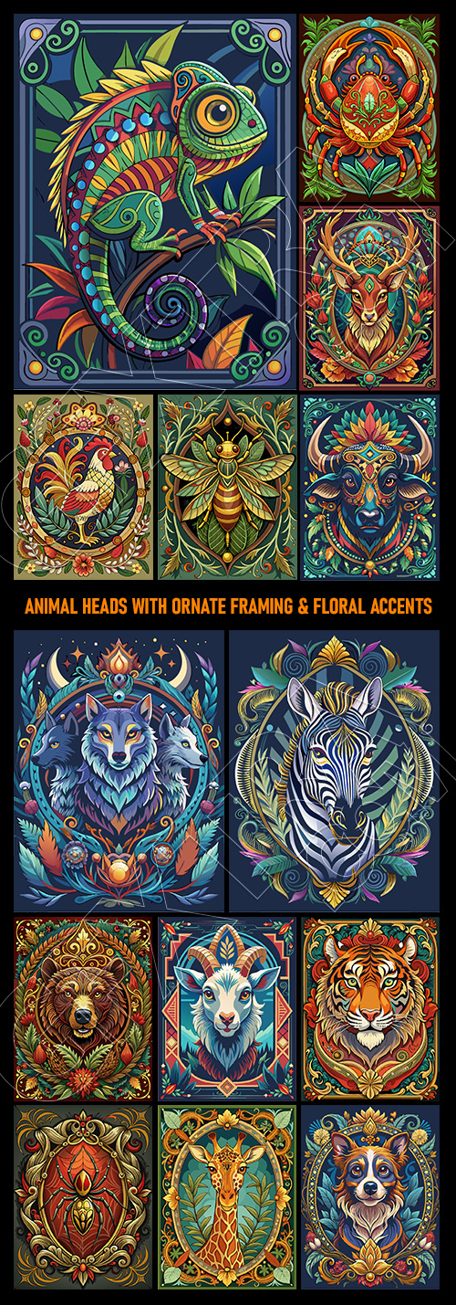 Animal Head with Ornate Framing and Floral Accents 25xAI