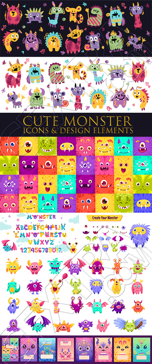 Cute Monster Icons & Design Elements 42xAI
