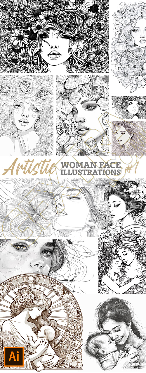Artistic Woman Face Illustrations #1, 25xAI