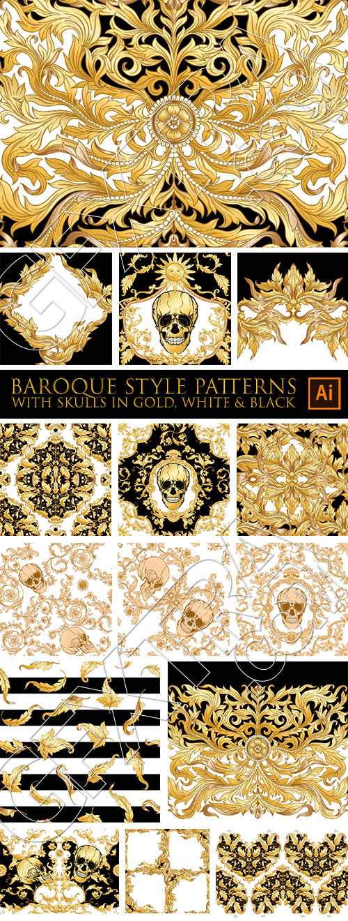 Baroque Style Patterns with Skulls in Gold White & Black 29xAI