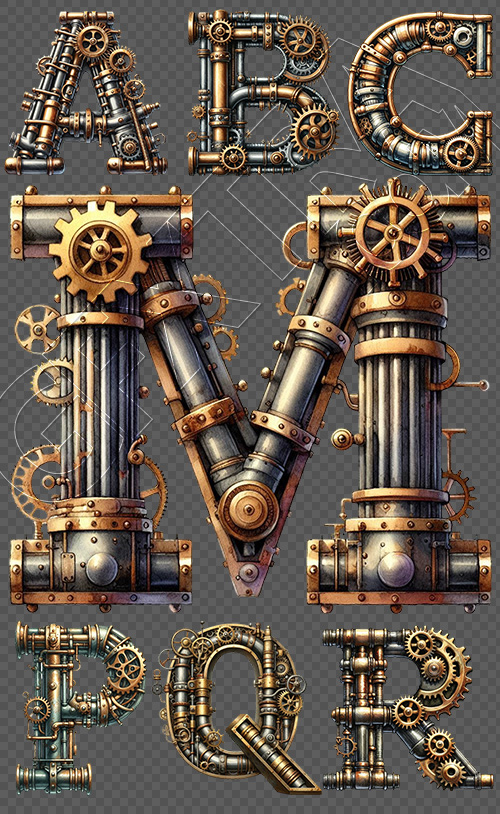 Steampunk Watercolor Metal Alphabet 26xPNG