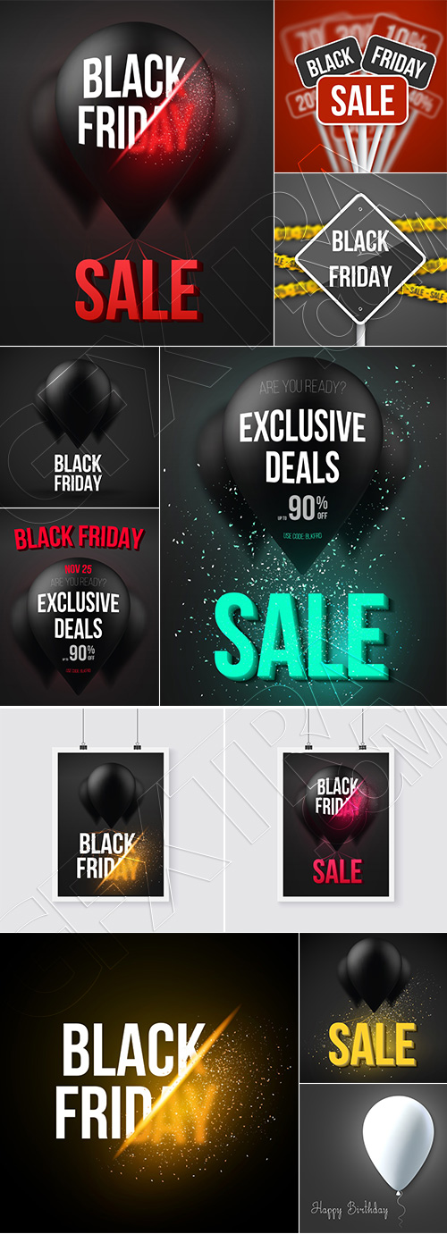 Black Friday Flyer Banner Logo Sticker Sale Invitation Cards 25xEPS