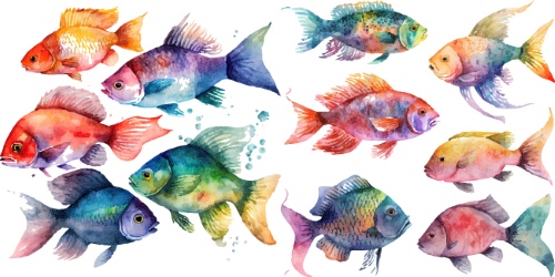 Nautical Watercolor Fishes 35xAI