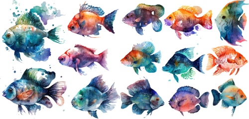 Nautical Watercolor Fishes 35xAI
