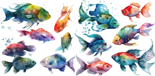 Nautical Watercolor Fishes 35xAI