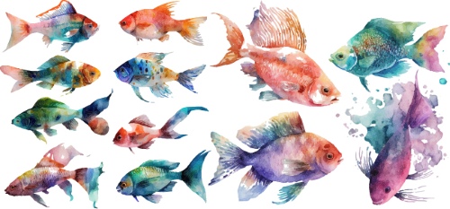 Nautical Watercolor Fishes 35xAI