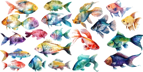 Nautical Watercolor Fishes 35xAI