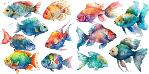 Nautical Watercolor Fishes 35xAI