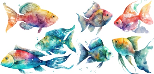 Nautical Watercolor Fishes 35xAI