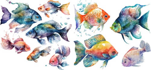 Nautical Watercolor Fishes 35xAI