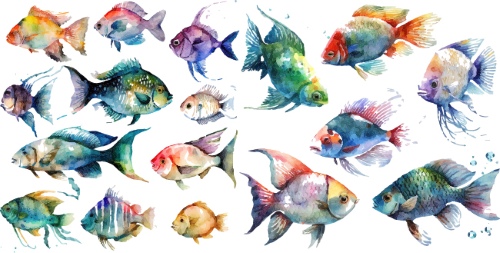 Nautical Watercolor Fishes 35xAI