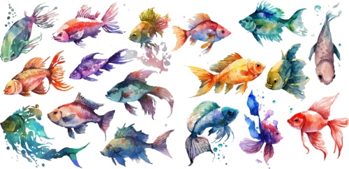 Nautical Watercolor Fishes 35xAI
