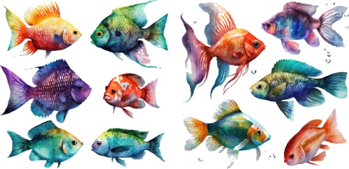 Nautical Watercolor Fishes 35xAI
