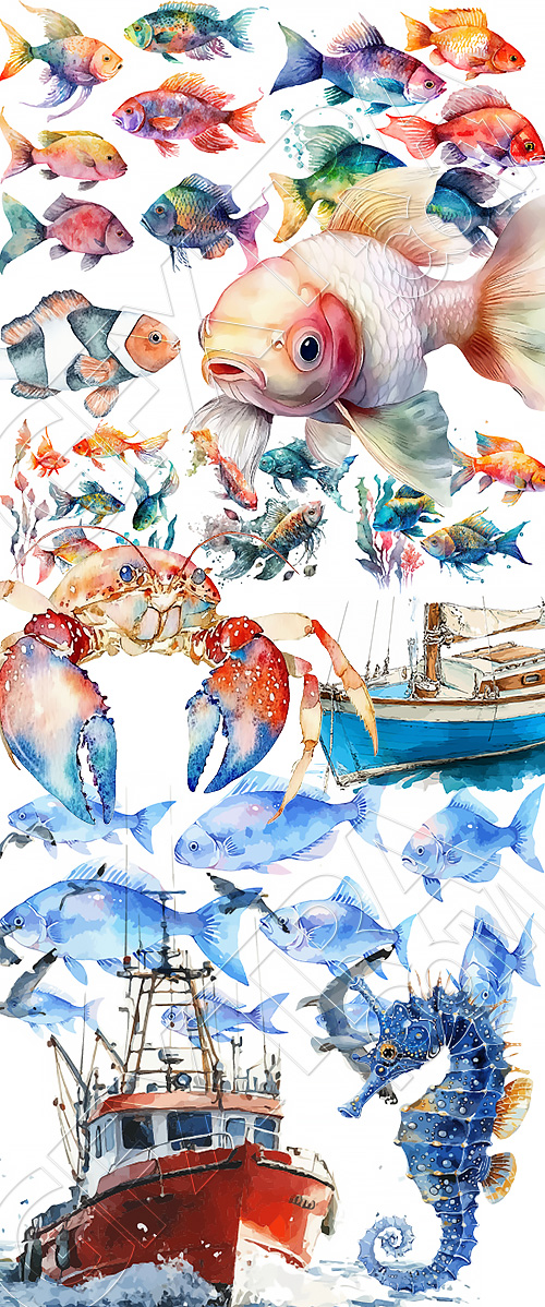 Nautical Watercolor Fishes 35xAI