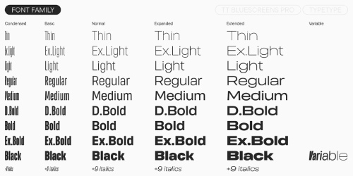 TT Bluescreens Pro - 90 Styles + 1 Variable Font Family v4.0 TT Bluescreens Pro - 90 Styles + 1 Variable Font Family v4.0