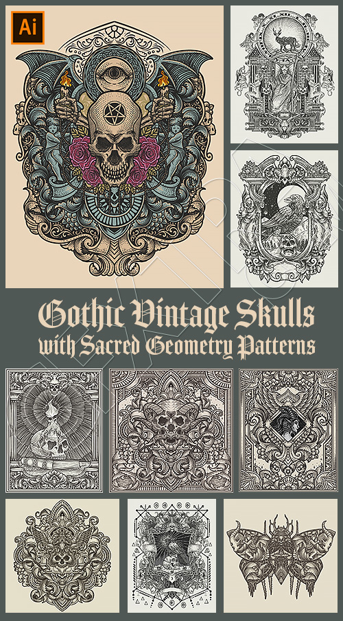 Gothic Vintage Skulls with Sacred Geometry Patterns 35xAI Gothic Vintage Skulls with Sacred Geometry Patterns 35xAI