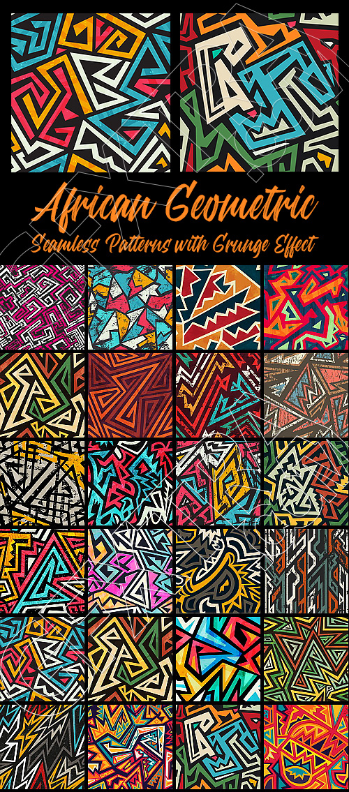 African Geometric Seamless Patterns with Grunge Effect 25xAI